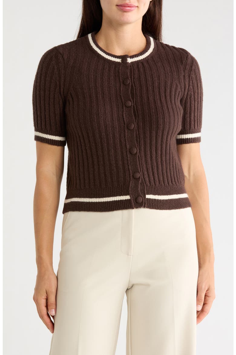 Tipped Ribbed Short Sleeve Cardigan, Main, color, RICH MOCHA / IVORY