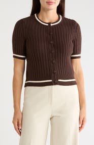 T Tahari Tipped Ribbed Short Sleeve Cardigan