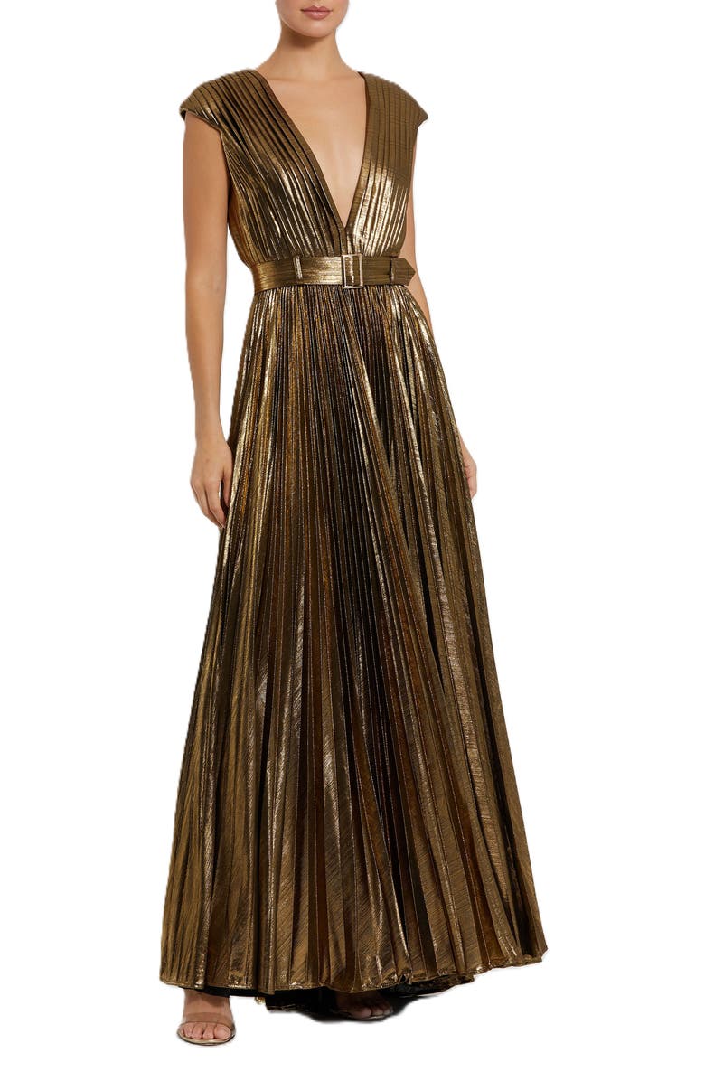 Mac Duggal Pleated Metallic Jersey Gown With Belt, Main, color, Bronze