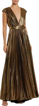 Mac Duggal Pleated Metallic Jersey Gown With Belt