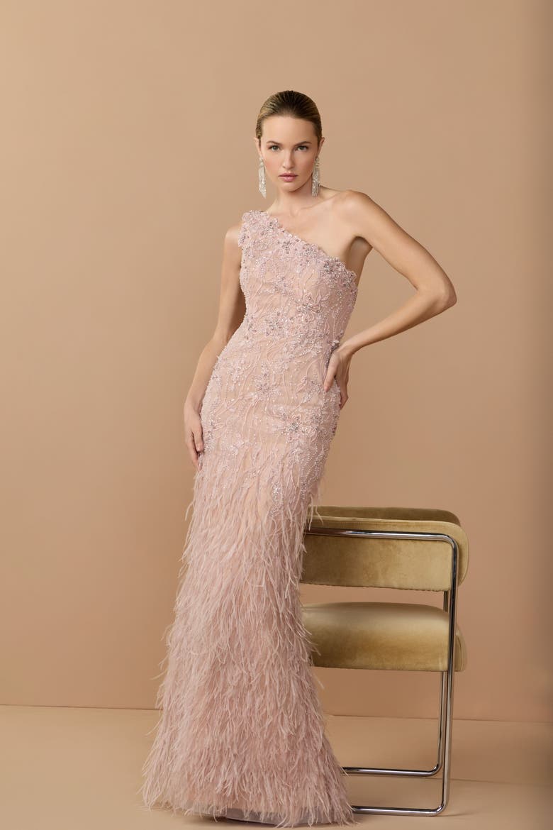 Embellished Lace One Shoulder Feather Gown, Alternate, color, Vintage Lilac