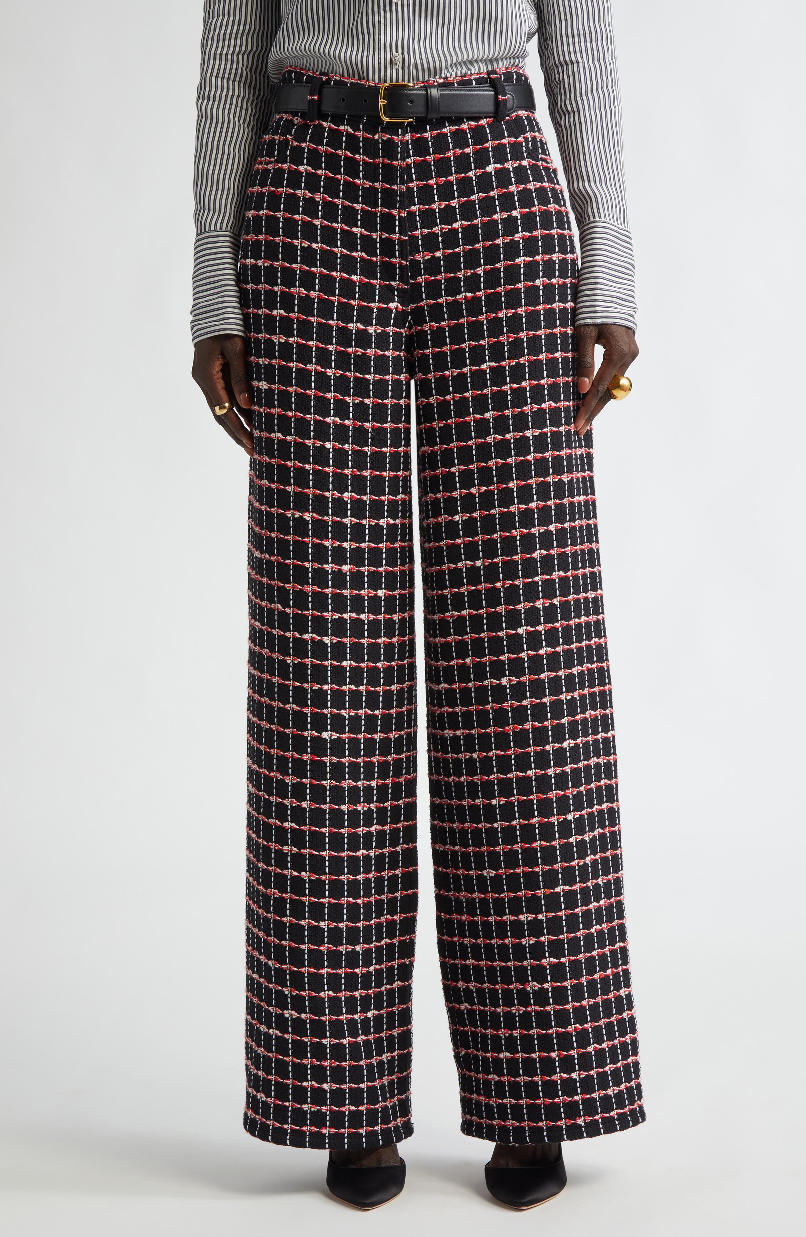 Windowpane Check Tweed Wide Leg Pants