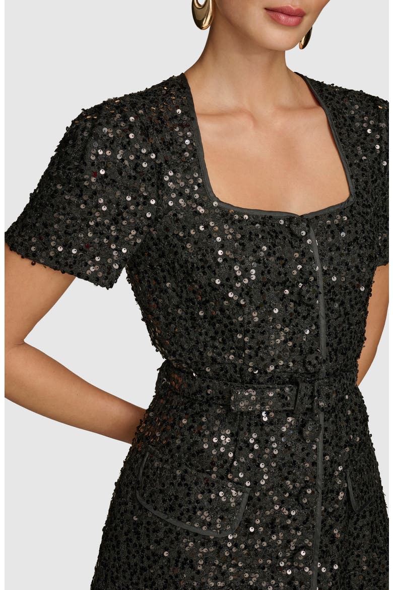 Sequin Belted Button-Up Dress, Alternate, color, BLACK