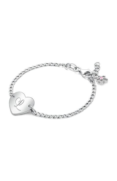 Sterling Silver Lovely Heart ID Bracelet & Engraved Initial 6" Bracelet