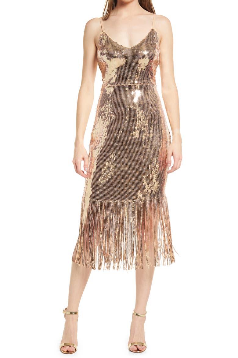 Anjou Sequin Fringe Sleeveless Midi Dress, Main, color, GOLD