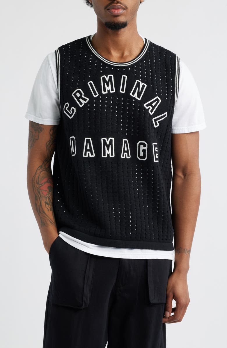 CRIMINAL DAMAGE Varsity Open Knit Tank, Main, color, Black