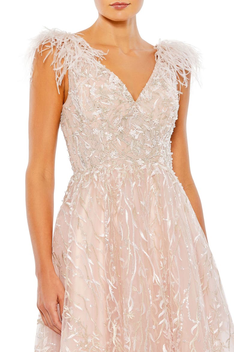 Embroidered Sleeveless Feather Detail Midi Dress, Alternate, color, Pink