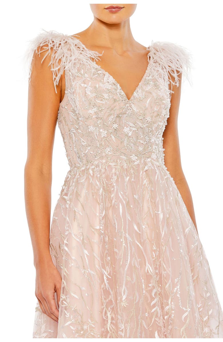 Mac Duggal Embroidered Sleeveless Feather Detail Midi Dress, Alternate, color, Pink