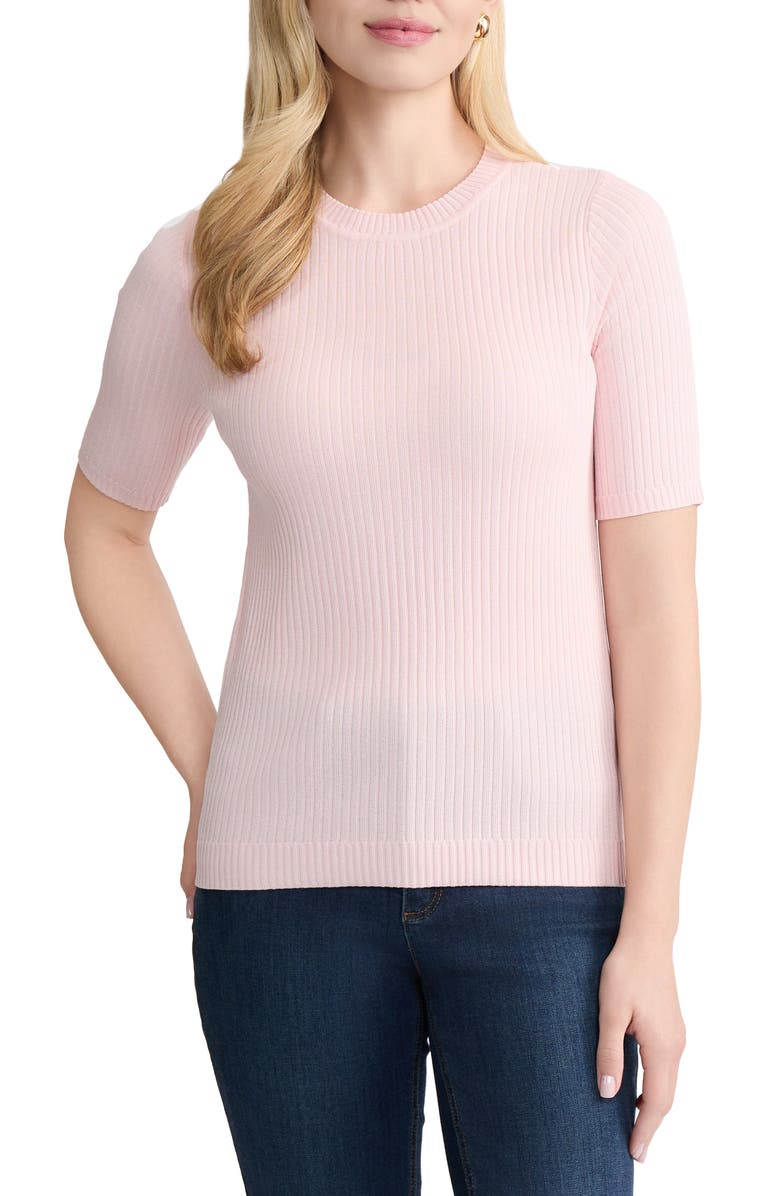 Jones New York Sutton Crewneck Short Sleeve Sweater, Main, color, Petal Pink