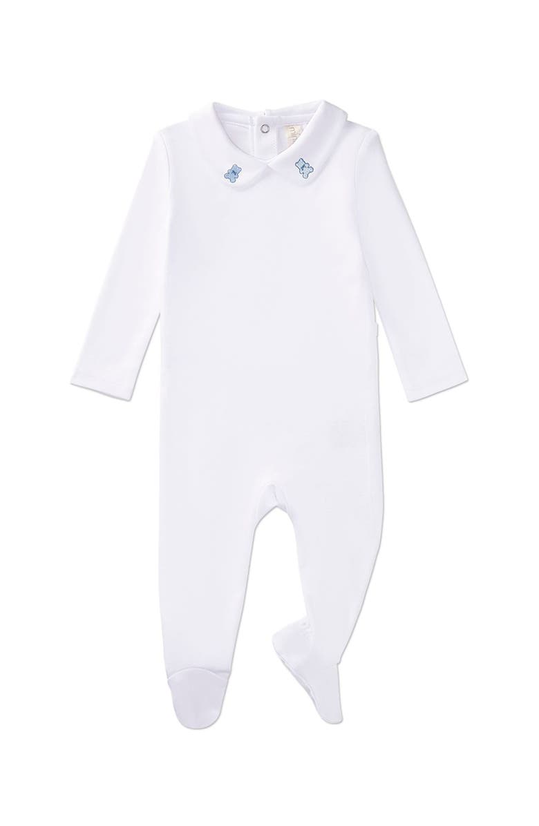 MiniMoi Peter Pan Collar Footie with Teddy Bear Embroidery, Main, color, Winter White