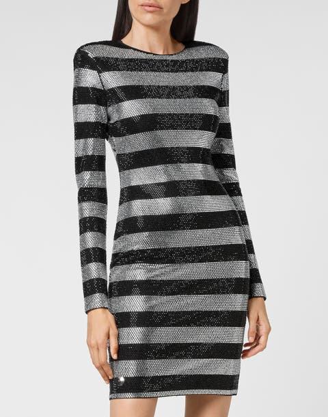 Short Dress Ls Stripes With Crystals Women