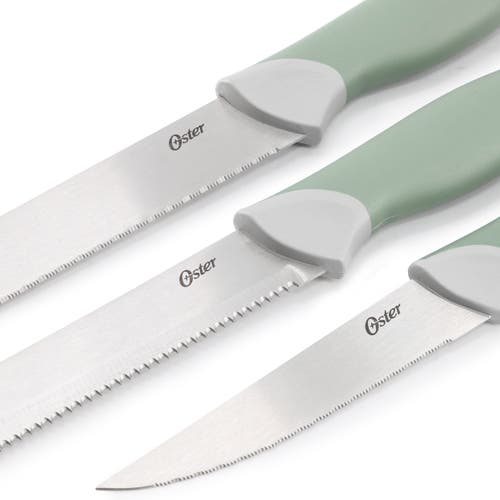 Oster Linbergh 14 Piece Stainless Steel Cutlery And Cutting Board Set In Green With Soft-grip Handles In Green