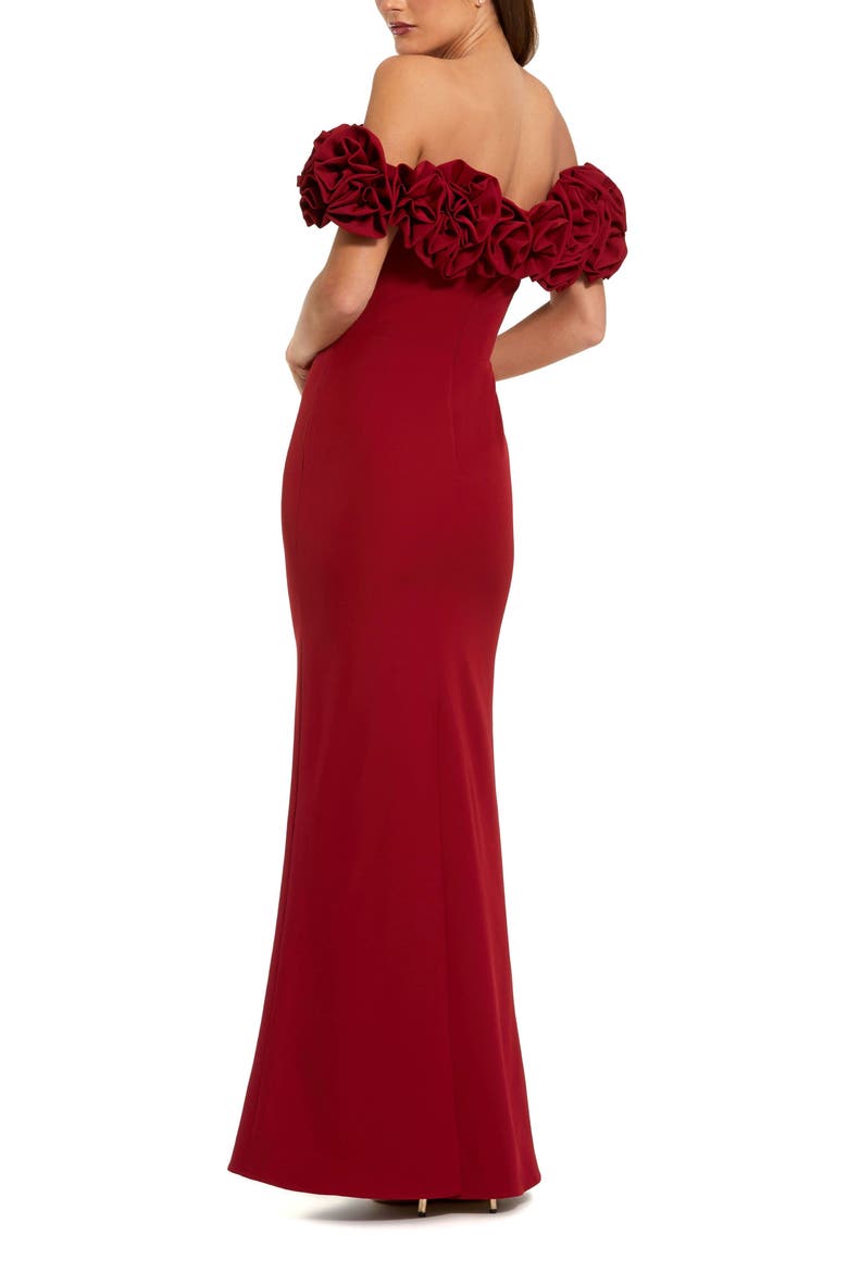 Crepe Off The Shoulder Column Gown With 3D Roses, Alternate, color, Ruby