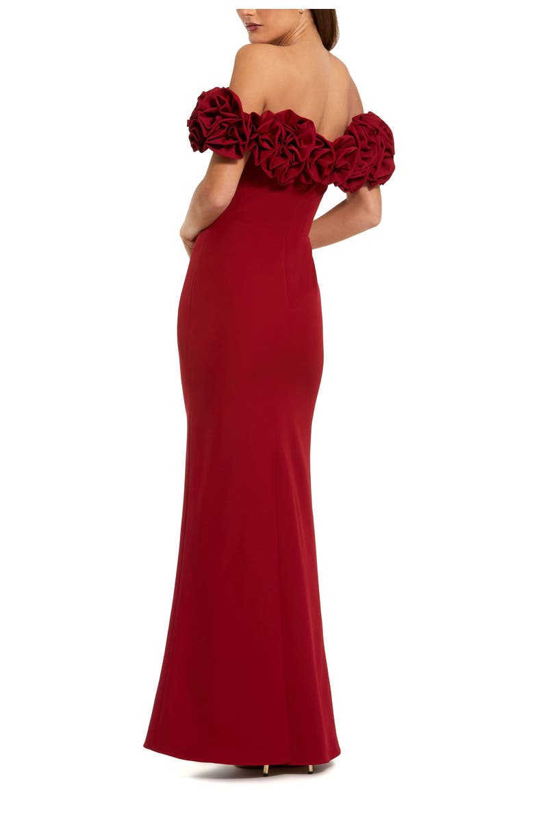 Mac Duggal Crepe Off The Shoulder Column Gown With 3D Roses, Alternate, color, Ruby