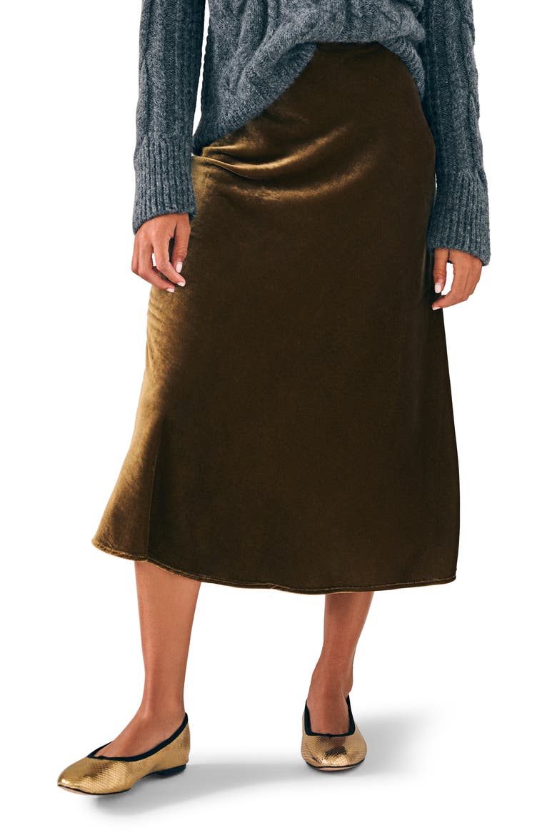 Stretch Velvet Midi Skirt, Main, color, BREEN