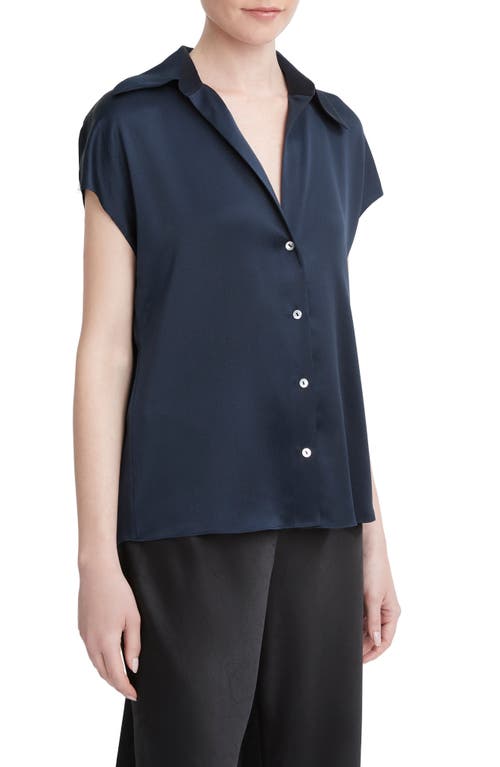Vince Cap Sleeve Gathered Back Short Sleeve Silk Button-up Shirt