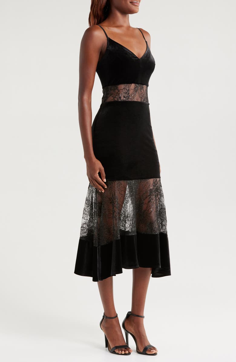 bebe Velvet & Lace Cocktail Midi Dress, Alternate, color,