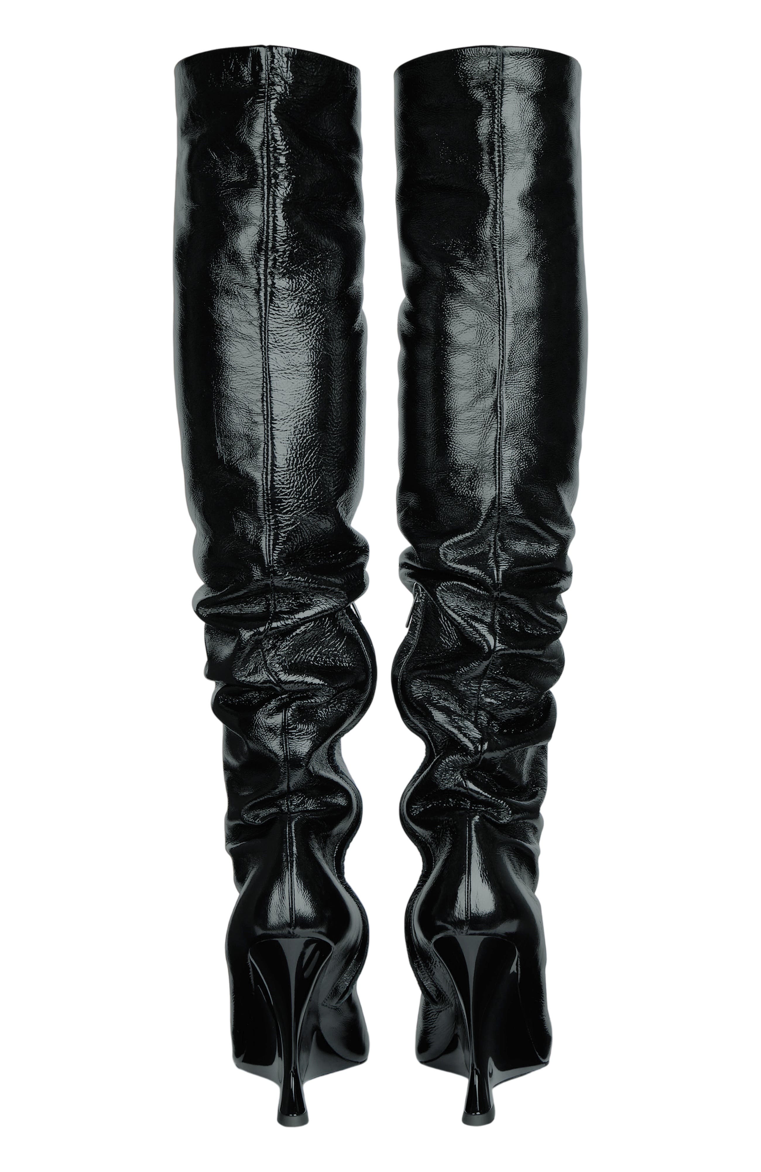 Thigh-High Wedge Boots in Crinkled Patent Leather, Alternate, color, black