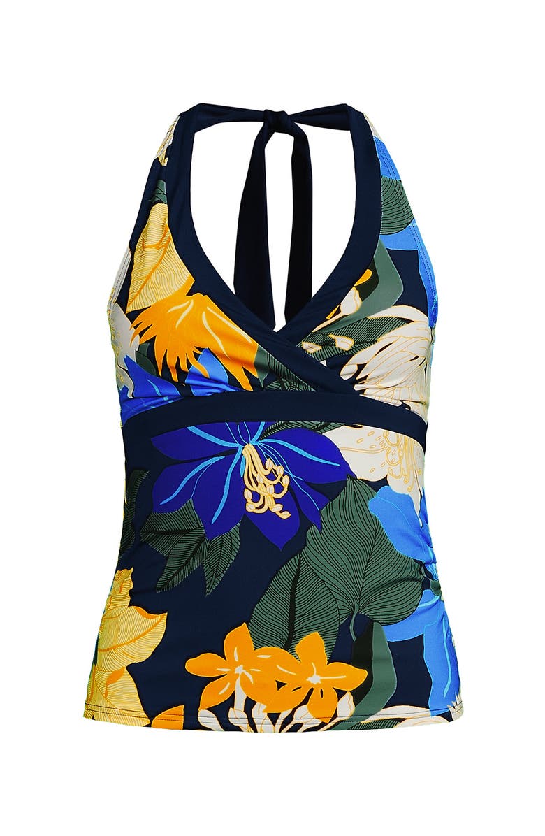 Lands' End Texture V-neck Halter Tankini Swimsuit Top, Alternate, color, Navy Multi Floral Blooms