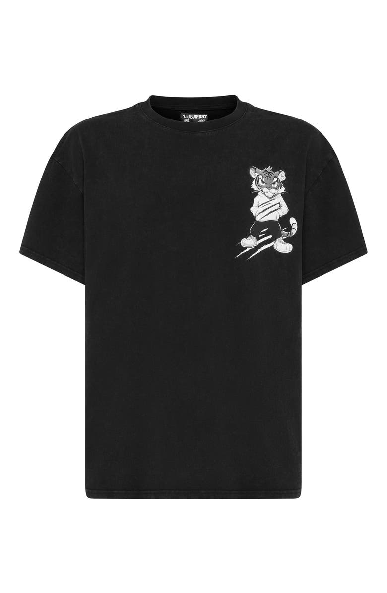 PLEIN SPORT Washed Fleece Round Neck T-Shirt Tiger Scratch Men, Main, color, Black