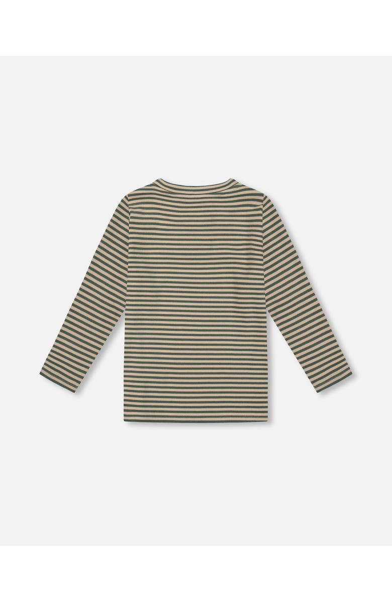Deux par Deux Little Boy's Super Soft Striped T-Shirt With Print Green And Beige, Alternate, color, 