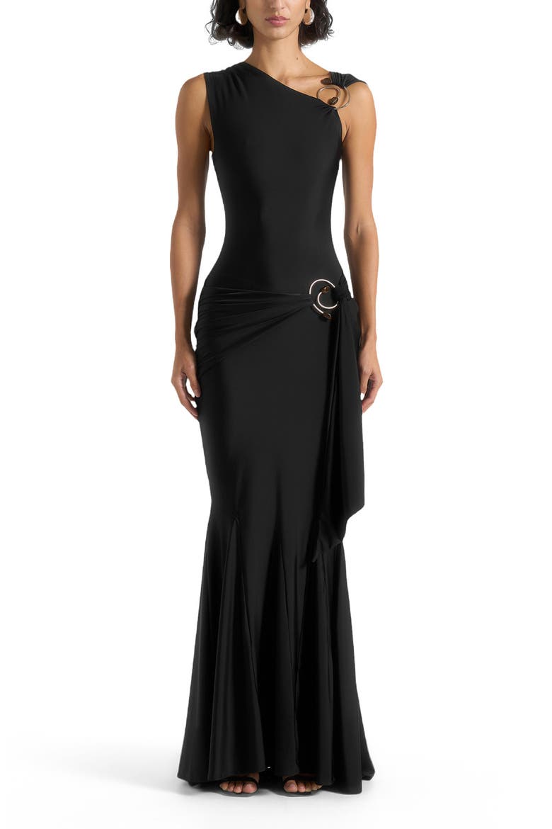 Rania Asymmetric Draped Midaxi Dress, Alternate, color, Black