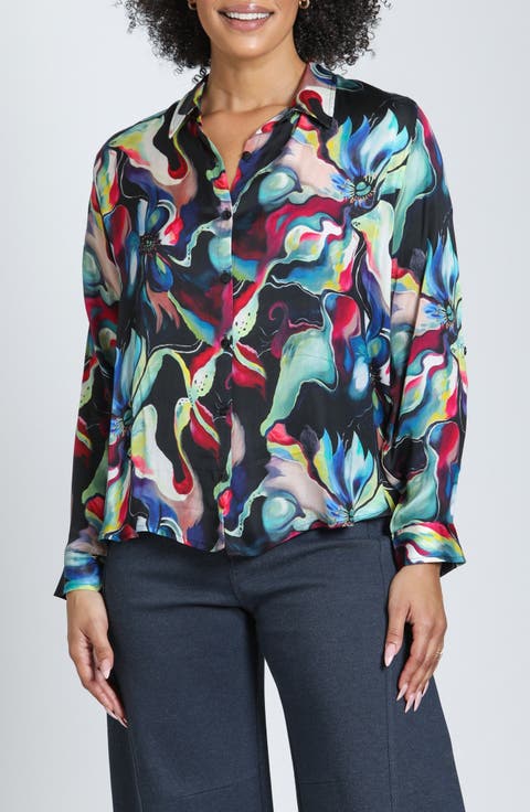Print Roll Tab Sleeve Button-Up Shirt