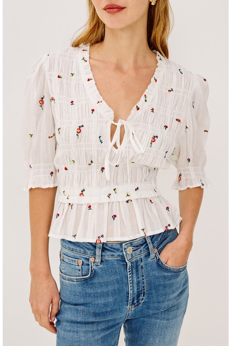 Fontaine Floral Smocked Cotton Top, Main, color, WHITE WILDFLOWERS