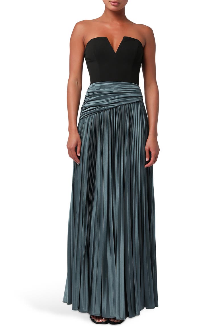 Bryne Strapless Plissé Gown, Main, color, BLACK/ TEAL