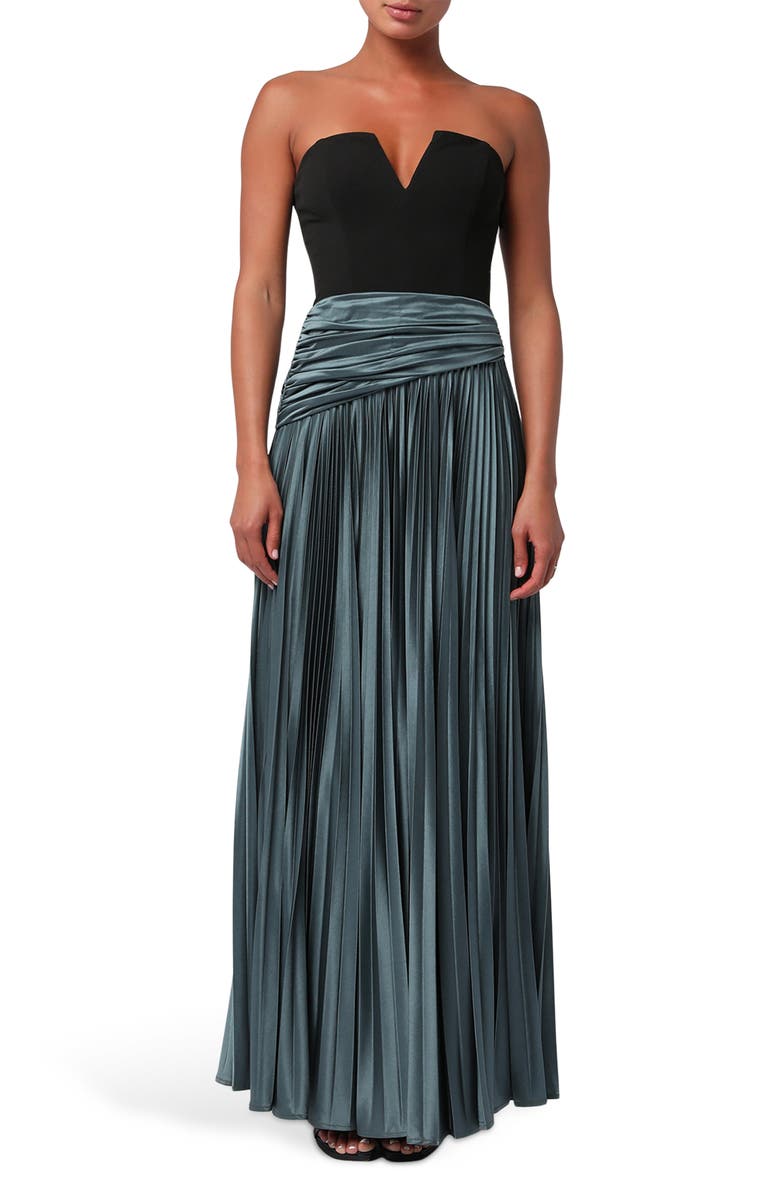 Lulus Bryne Strapless Plissé Gown, Main, color, Black/ Teal