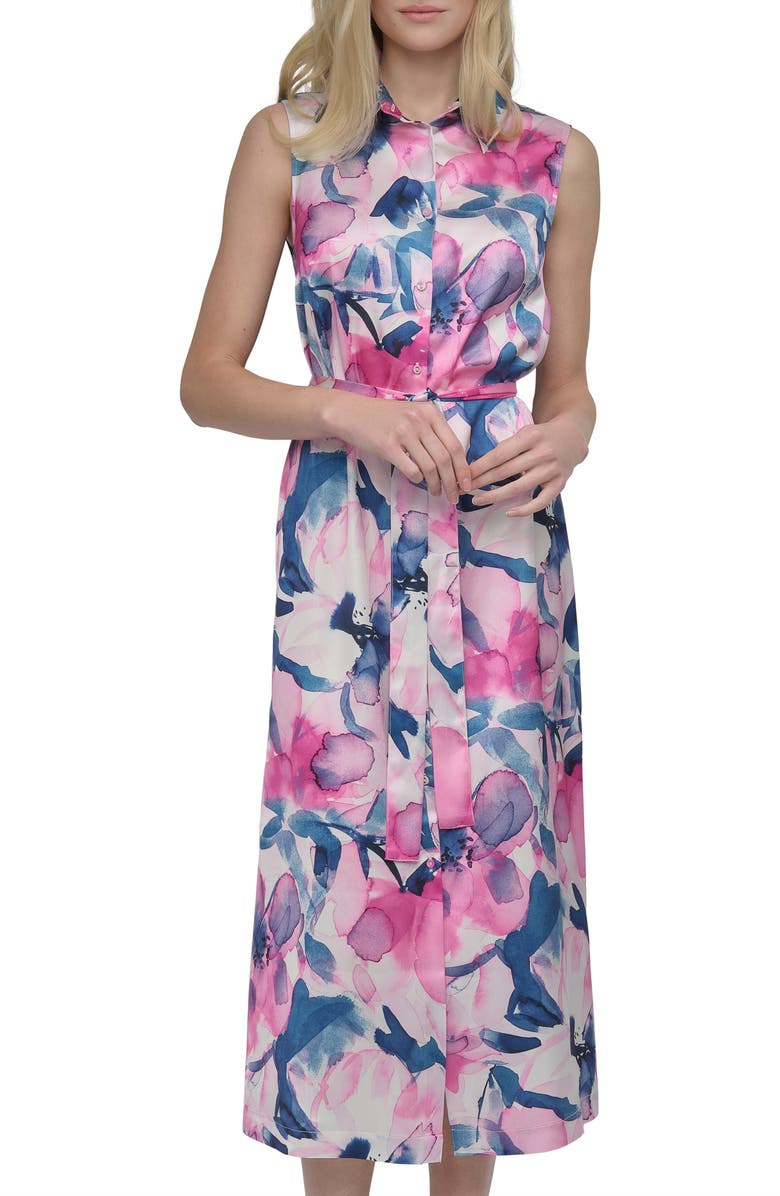 DKNY Floral Sleeveless Shirtdress, Alternate, color, Navy/ Pink