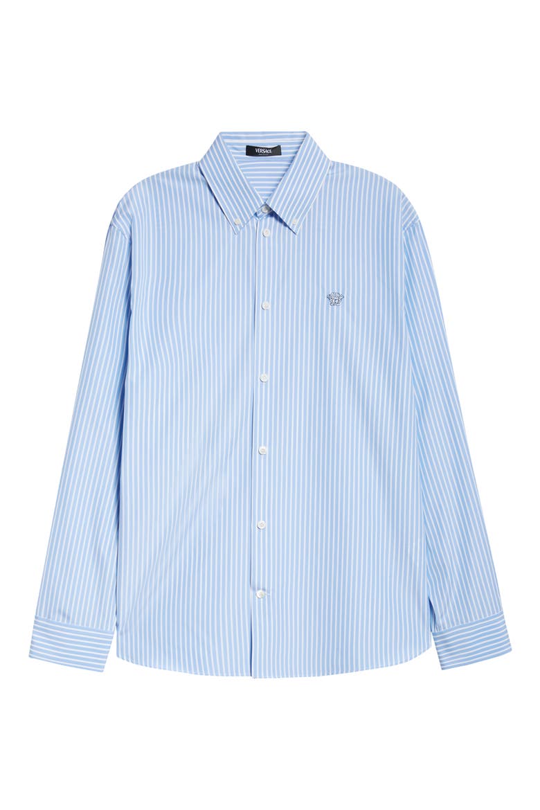 Medusa Embroidered Stripe Cotton Oxford Button-Down Shirt, Main, color, WHITE LIGHT BLUE