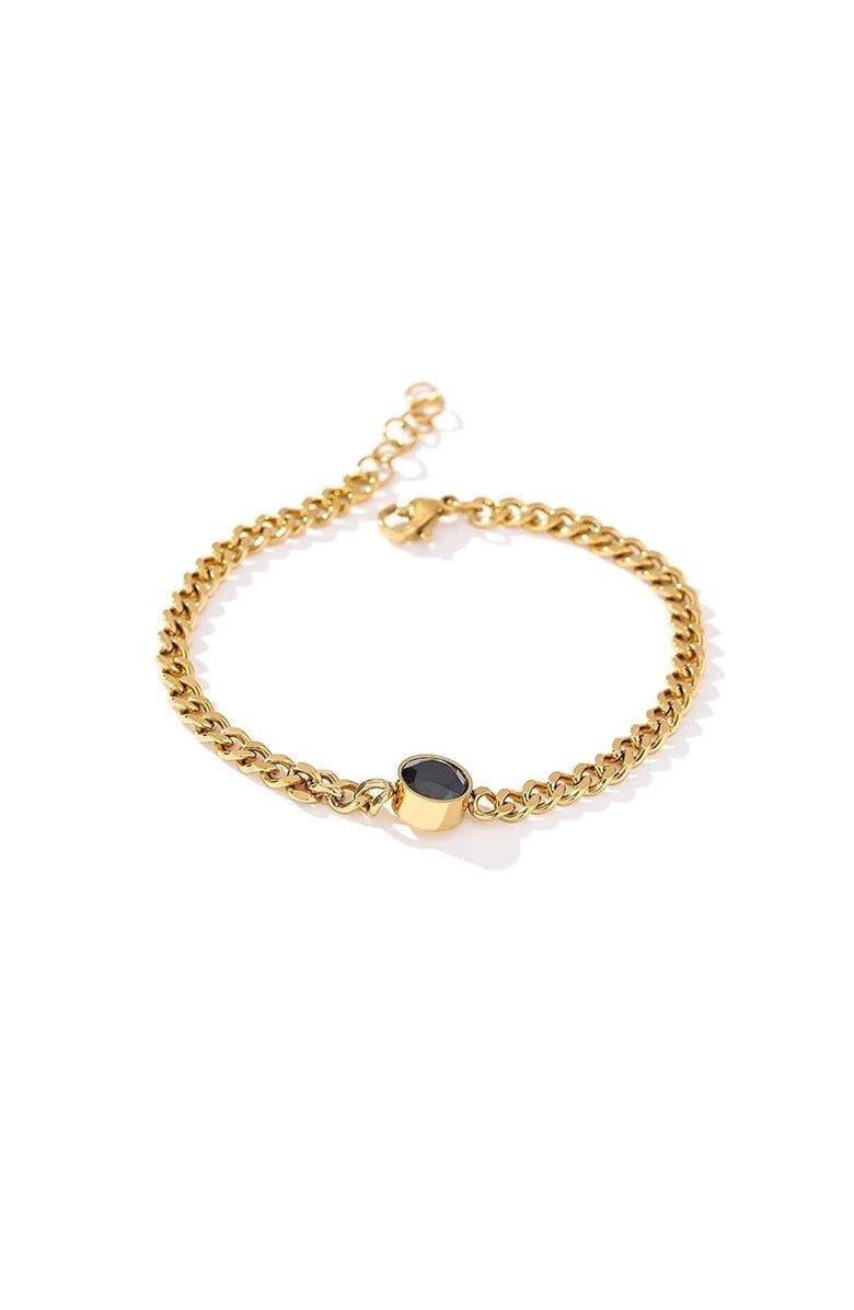 Hollywood Sensation Gold Link Chain Bracelet with Black Crystal Charm, Main, color,