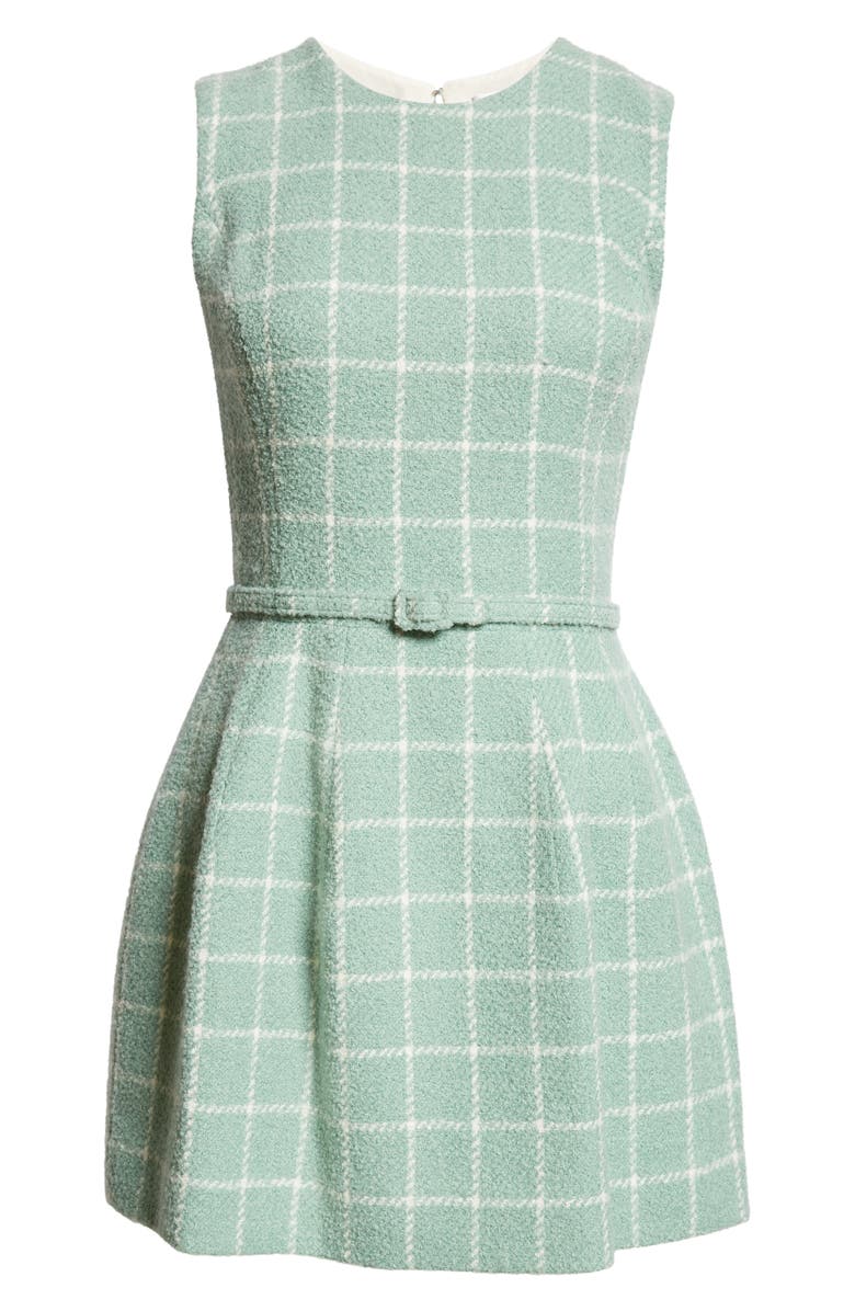 Oscar de la Renta Windowpane Plaid Belted Bouclé Tweed Dress, Alternate, color, 