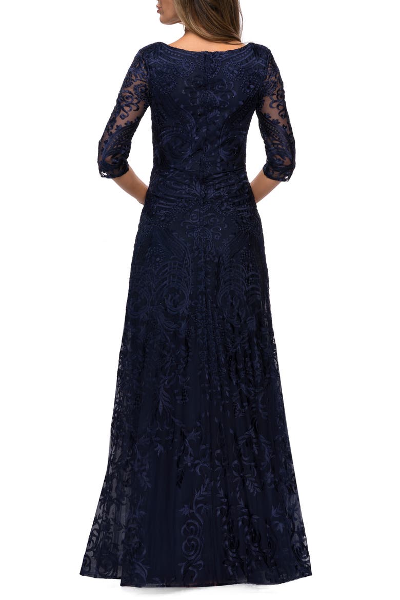 Embroidered Floral A-Line Gown, Alternate, color, NAVY