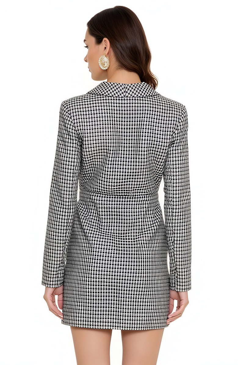 Modenaire Houndstooth Blazer Mini Dress with Deep V-Neck and Buckle Detail, Alternate, color, 
