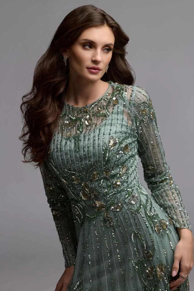 Women's Embellished Long Sleeve A-Line Gown, Alternate, color, Sage