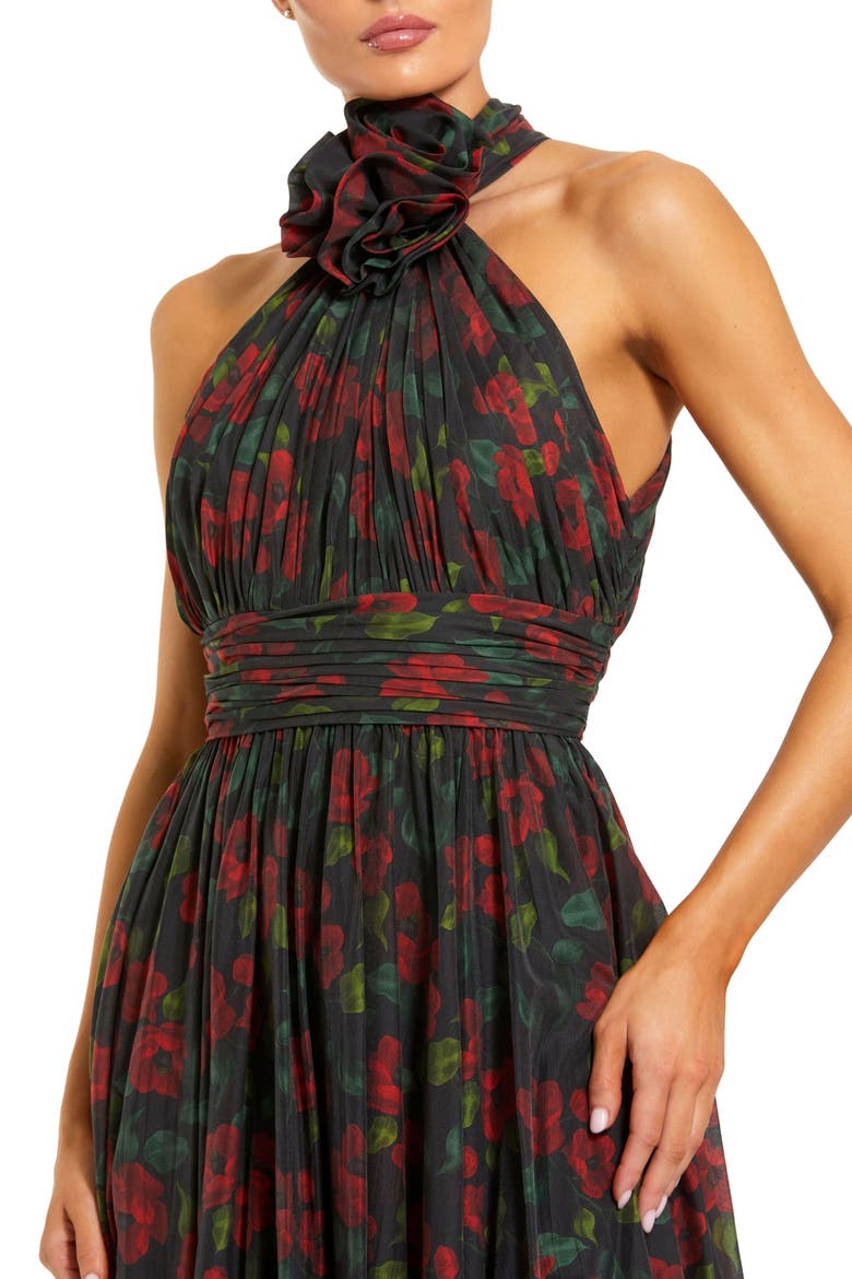 Women's Floral Chiffon 3D Flower Halter Neck Gown, Alternate, color, Black Multi