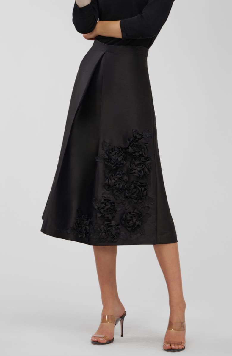 Kay Unger Logan Floral Appliqué Midi Skirt, Alternate, color, Black