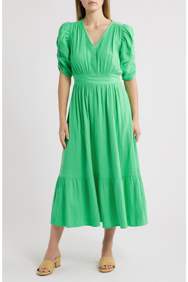 Puff Sleeve Ruffle Hem Gauze Maxi Dress, Main, color, GREEN CELTIC