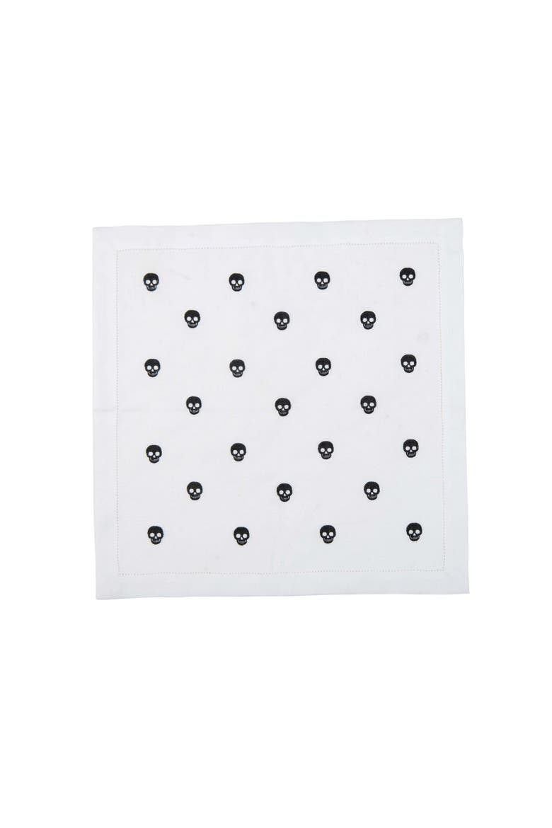 Black Skulls Halloween Embroidered Hemstitch Set of 6 Cloth Napkins, Alternate, color, White