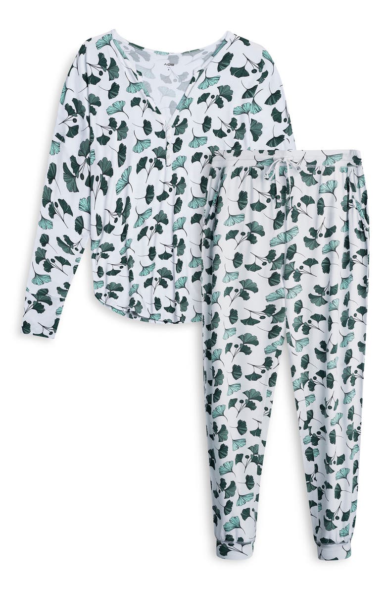 AQS Leaf Print Long Sleeve Henley & Joggers 2-Piece Pajama Set, Main, color,