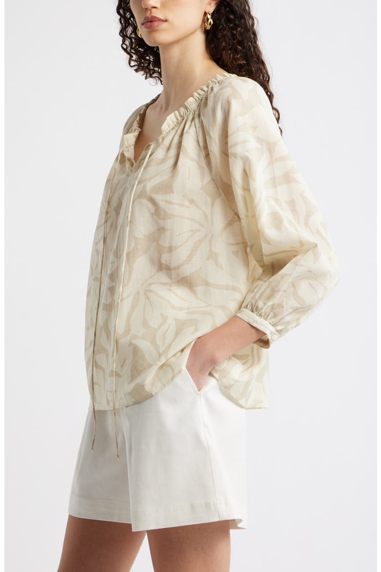 Ruffle Neck Tie Front Top, Alternate, color, IVORY- BEIGE FIRA BLOOM