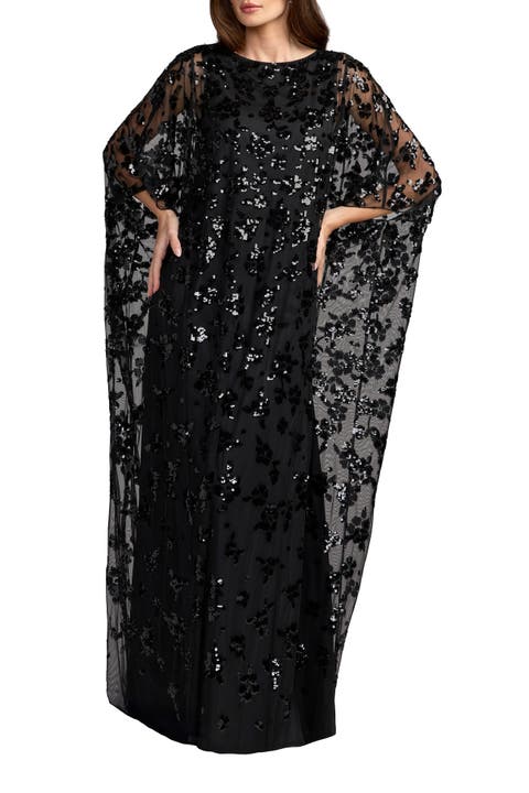 Sequin Floral Cape Sleeve Caftan Gown