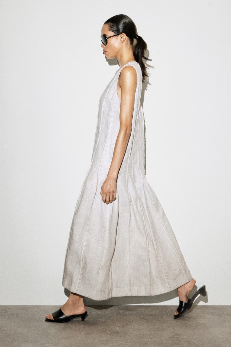 Sculpted Pleated Linen Midi Dress, Alternate, color, LIGHT GRAY
