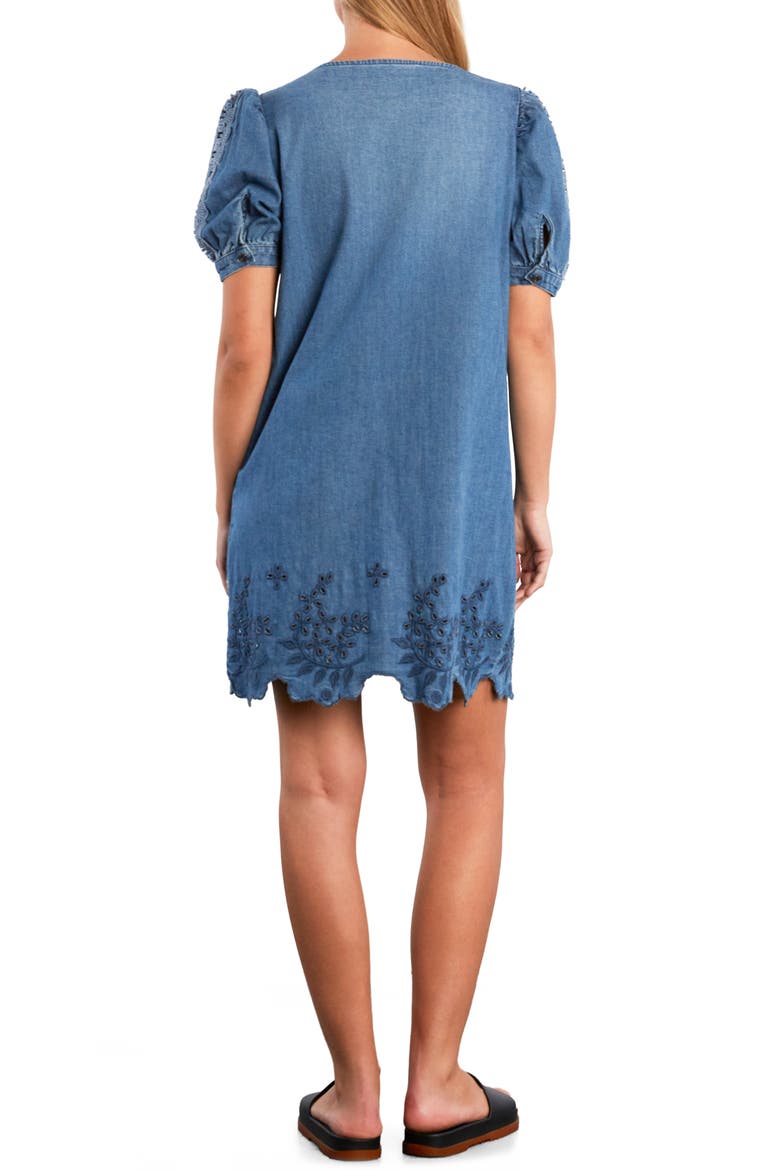 Lovelace Puff Sleeve Denim Minidress, Alternate, color, VINTAGE DENIM