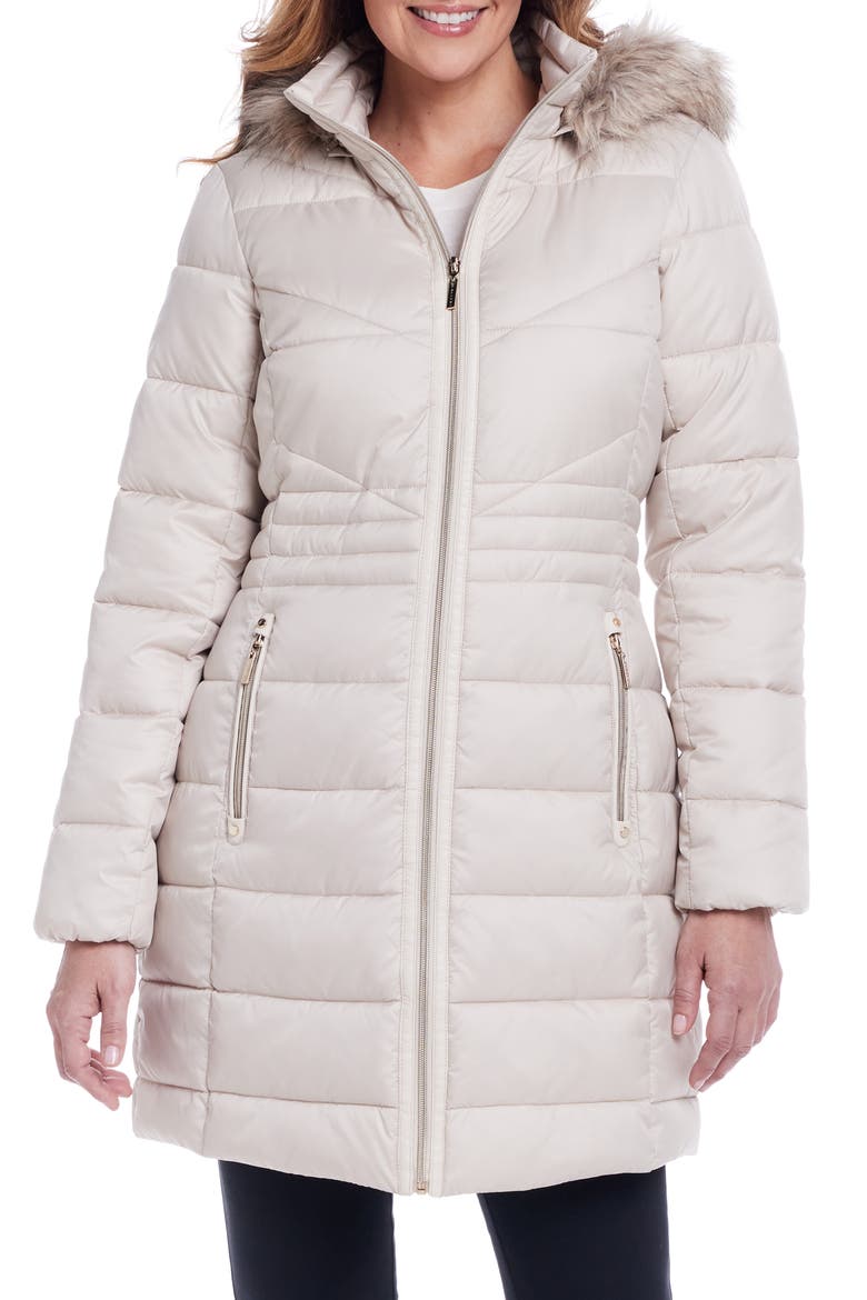 Water Resistant Puffer Coat with Faux Fur Trim Removable Hood, Main, color, PEYOTE