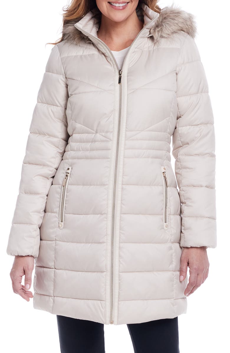 Gallery Water Resistant Puffer Coat with Faux Fur Trim Removable Hood, Main, color, Peyote