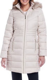 Gallery Water Resistant Puffer Coat with Faux Fur Trim Removable Hood