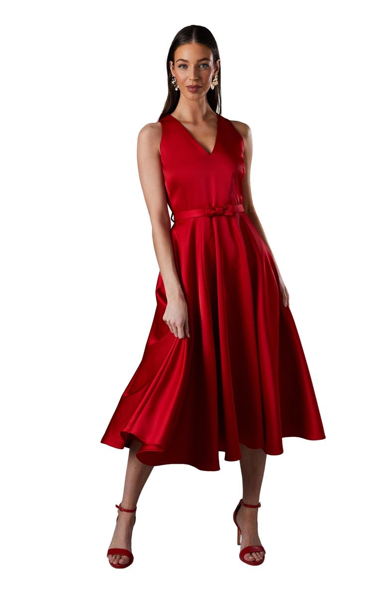 Coast Bow Trim V-Neck Volume Skirt Midi Dress, Main, color, Red